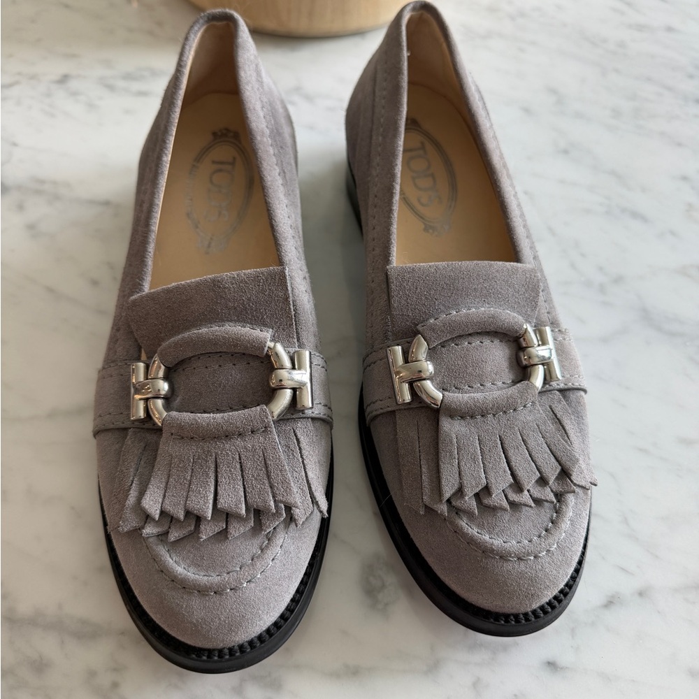 Tod's Light Gray Suede Fringe Loafers with Silver Buckle